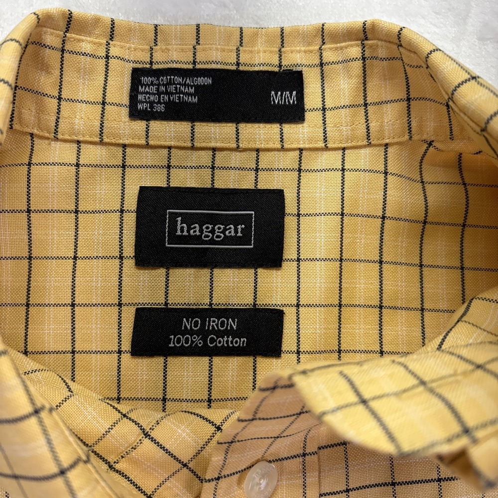 Haggar Shirt Mens Medium Yellow Cotton Short Sleeve No Iron Pocket Casual